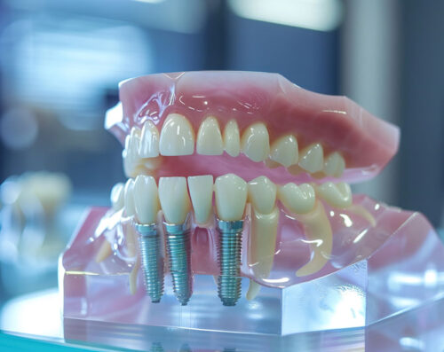 Dental implant, artificial tooth roots into jaw, root canal of dental treatment, gum disease, teeth model for dentist studying about dentistry.