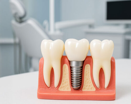 Dental implant model on a dental office counter, dental office