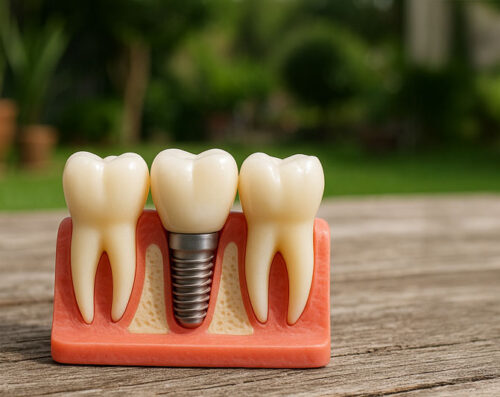 Implant model on a wooden deck outside, nature in the background, blurred
